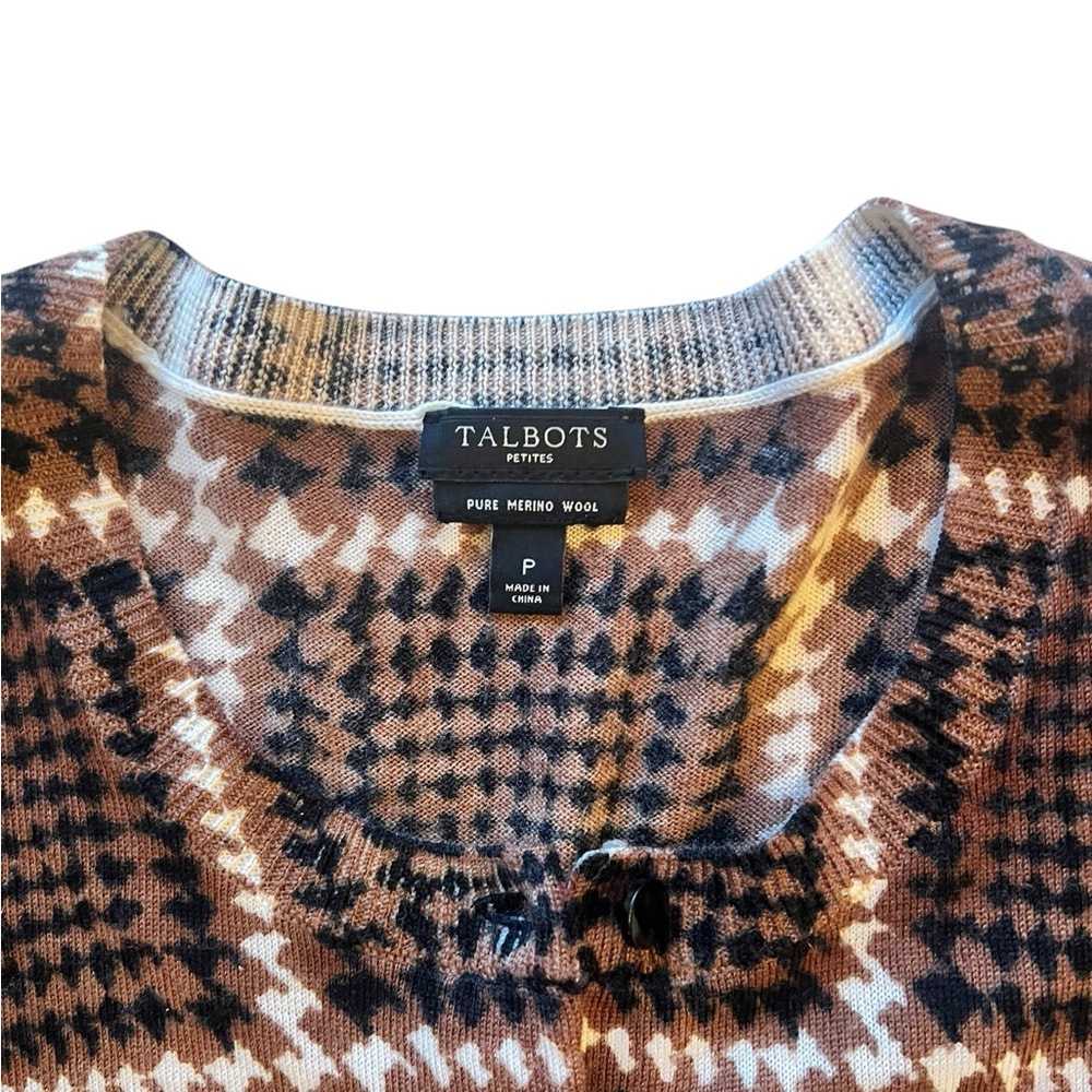 Talbots Petites 100% merino wool black and brown patterned cardigan. - Picture 3 of 5